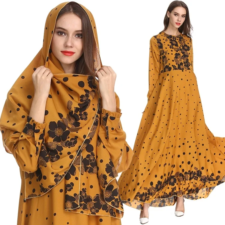 

2019 Fashion Abaya Easy to Wear Muslim Women Dress printing floral Abaya dresses, As shown