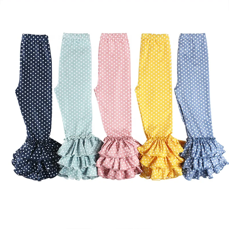 

Hot Sale Polka Dot Milk Silk Girls Wholesale Triple Ruffle Pants Kids Leggings, Picture