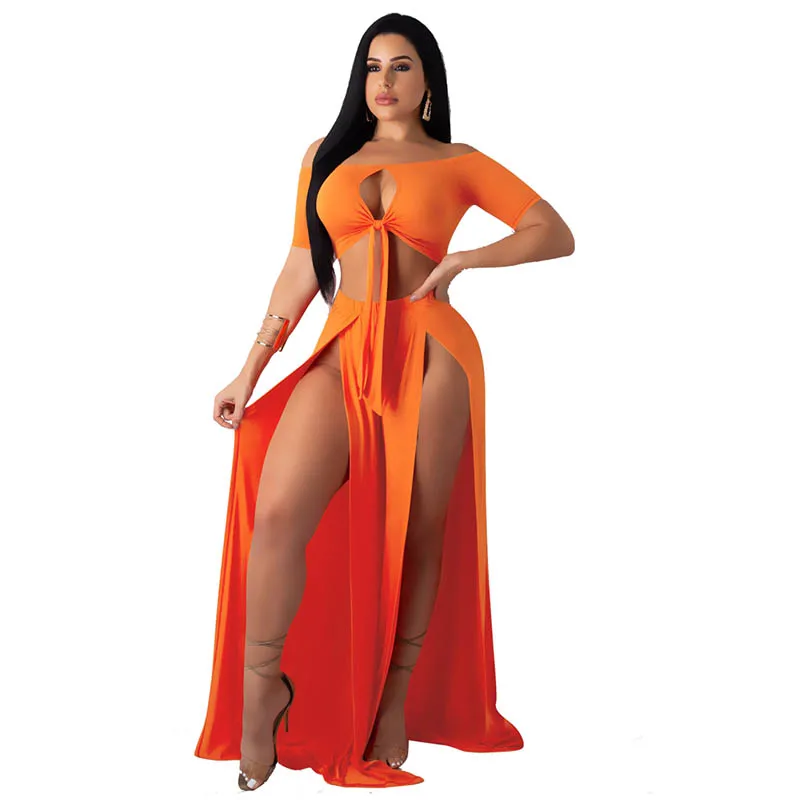 

High Quality Casual Solid Color Crop Top and Hollow Out Split Skirt