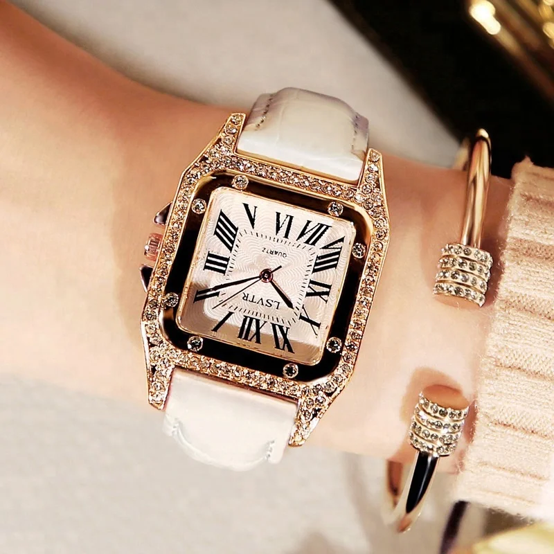 

Luxury Women Crystal Dress Watches Fashion Square Quartz Leather Wristwatches Clock, 6 colors