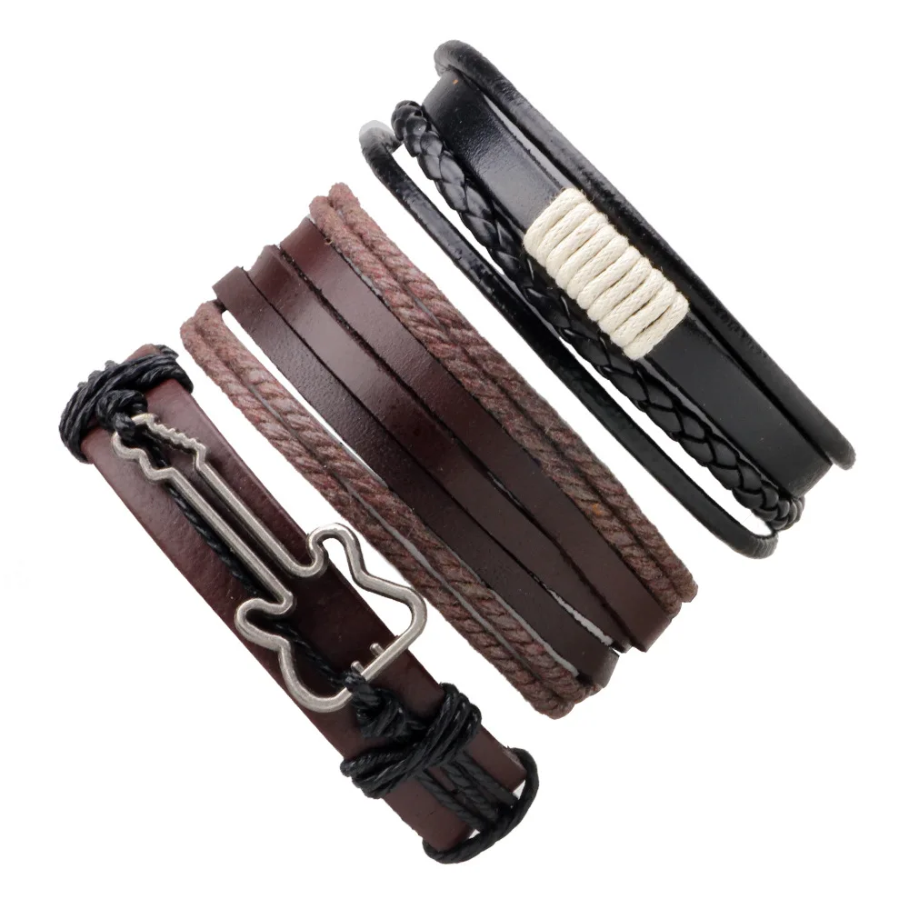 

Hand-woven genuine leather guitar design 3pcs set alloy Bracelet, Customizable