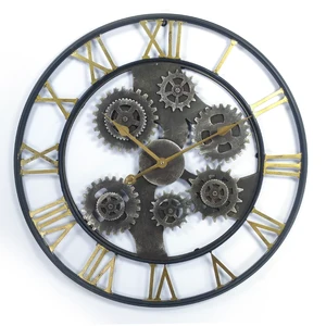 Image of 27 inch 69cm round bronze modern antique vintage metal home decorative quartz wall mounted clock with spindle for living room