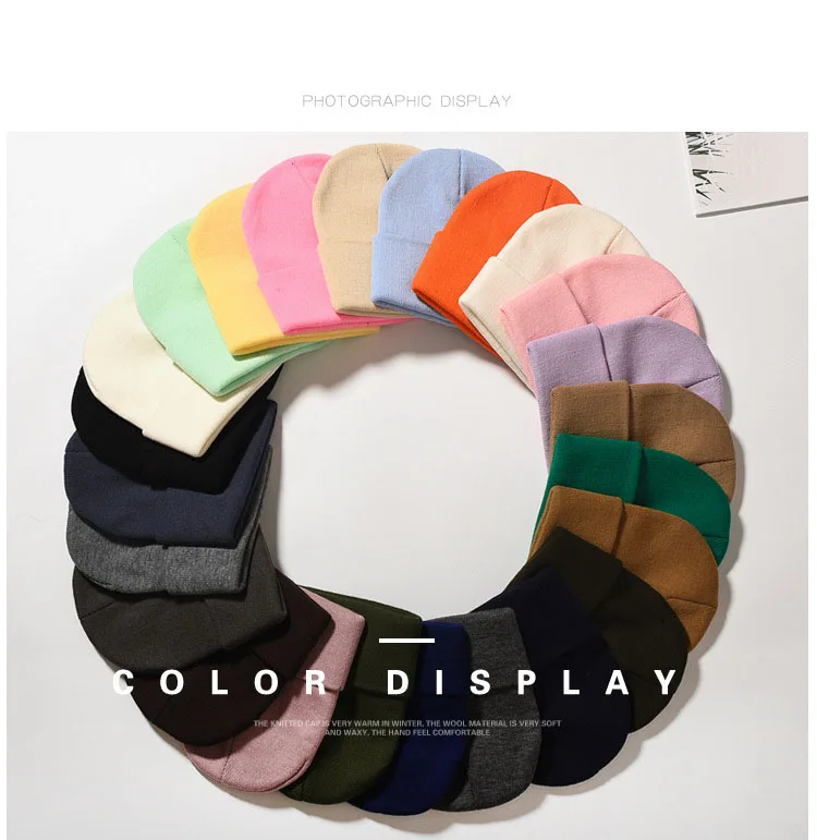 
High quality cheap long ribbed acrylic cuffed plain custom knitted beanie with woven label 