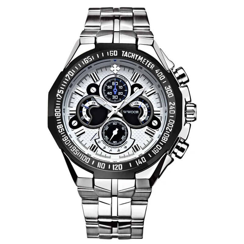 

WWOOR 8013 brand nens sport watch for men Steel Band Waterproof Large Big Dial watches 8013, Black blue white