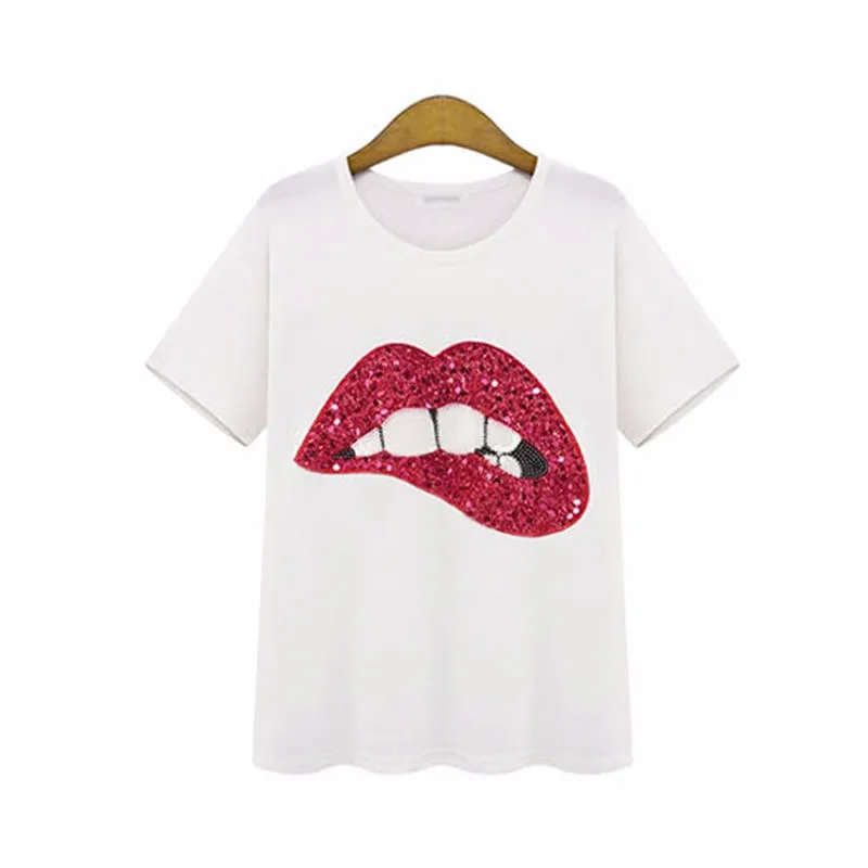 

Sequin & Cotton Women Short Sleeve lip pattern T-Shirts, Red and green lip pattern
