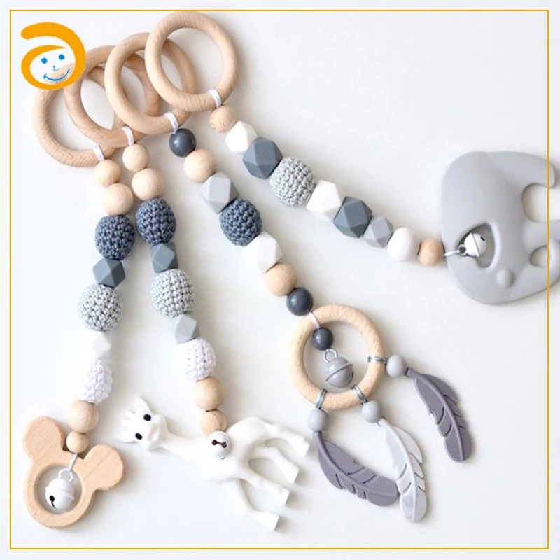 
wooden gym toy wood teether for baby stroller chain 