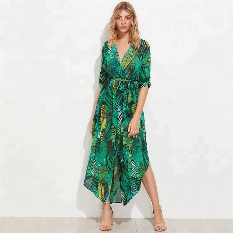 A3727 Summer Boho Ankle Length Long Bohemian Green Dress Culottes Banana Leaf Print Beach Dresses