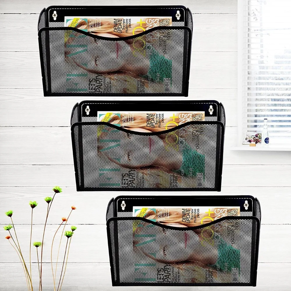 Office Mesh Metal 3 Pocket Rack Wall Mount Hanging File Folder Magazine