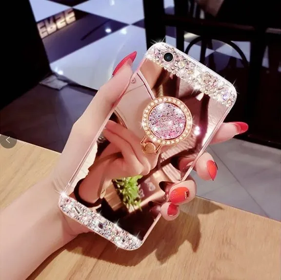 

Rose Gold glitter Mirror Mobile Cover Diamond Ring Holder Phone Case for huawei P30 pro lite Y6 Y7 Y9 2019 , p smart 2019