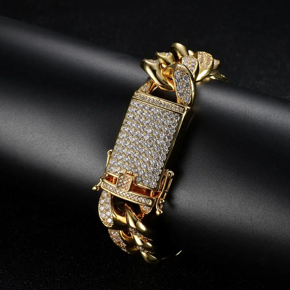 

2cm width 8inch Chunky Hip hop Iced Out Zircon Cuban Chain Bracelet Men's Jewelry Copper CZ Cuban Bracelet B015