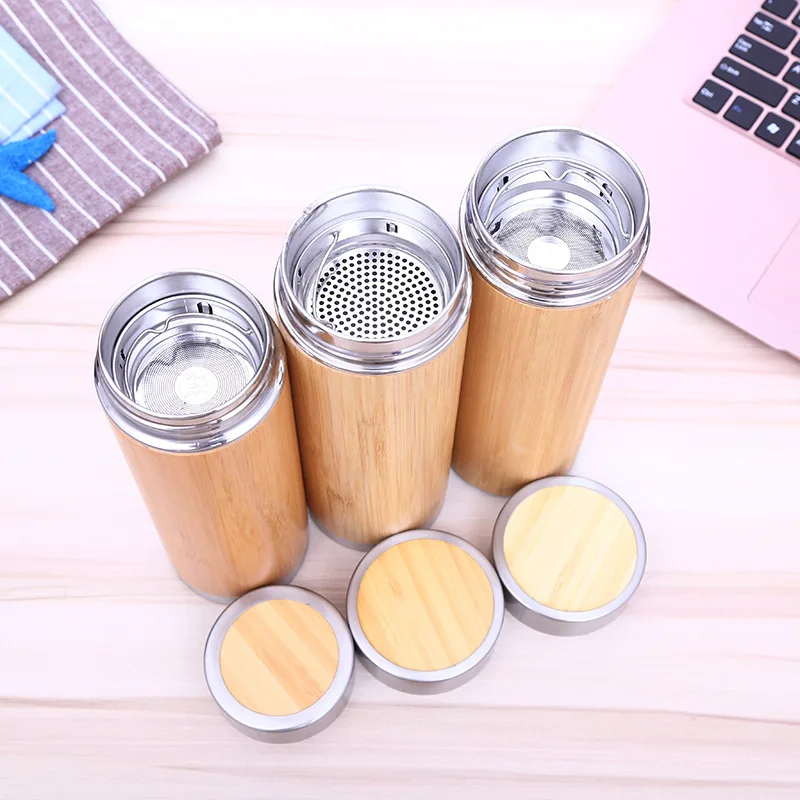 Stainless Steel Tea Mug With Tea Infuser Strainer Insulated Vacuum Tea Bottle With Bamboo Lid