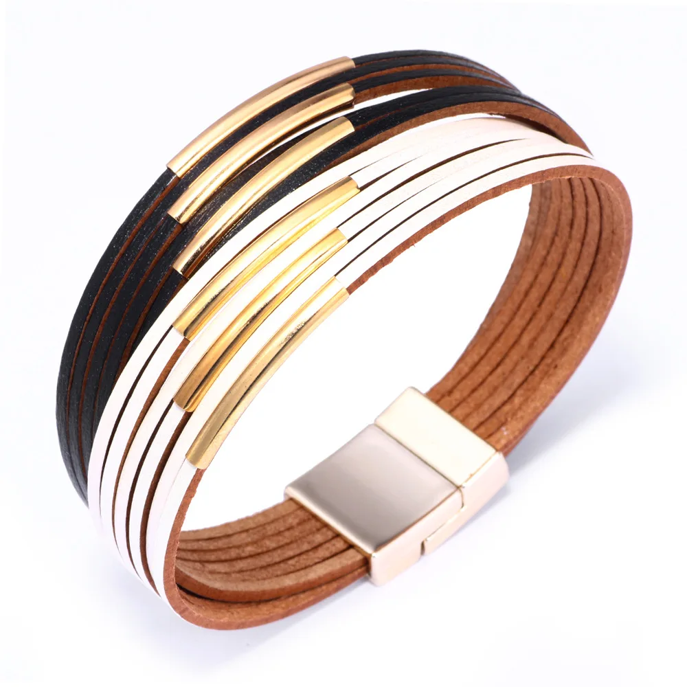 

2020 New Fashion Jewelry Europe Hot Selling Leather Cuff Bracelet for Lady Mix Leather Rope Colors Magnetic Bracelet