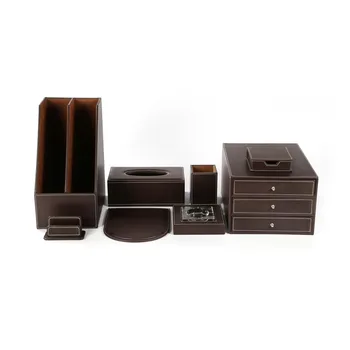 Brown Leather Office Desk Organizer Desktop Sets - Buy Brown Leather ...