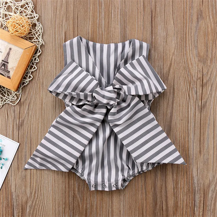 

INS Hot Sale Cotton Baby Girl Romper Stripe Big Bowknot Summer Baby Romper, Grey