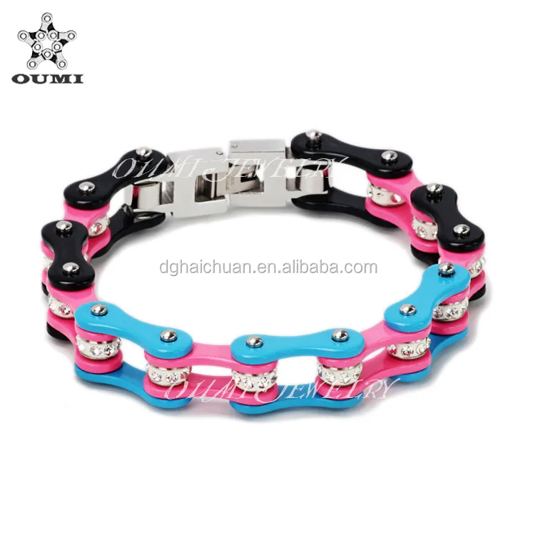 

2018 hot sale Wholesale stainless steel bike chain bracelet women colorful rainbow crystal bracelet for women, Multi-colors