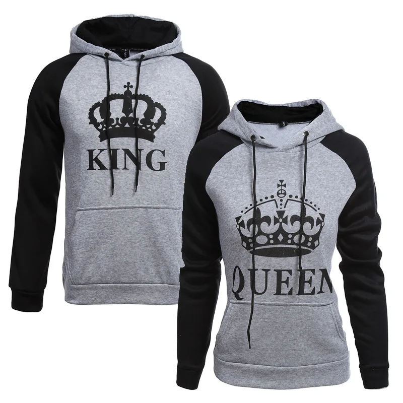 

KING Queen Crown Print Unisex Men Women Autumn Hoodies Slim Sweatshirt for Couple Lovers Winter Patchwork Hooded Pullovers 50%