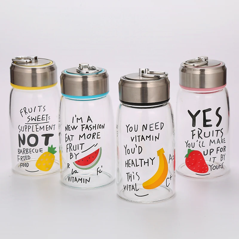 

Mikenda KA019 Latest glass Fruit Water Bottle With Portable Metal Ring