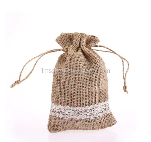 

2016 Wedding burlap drawstring bags, 10cm x 10cm Hessian bag with Lace, Natural