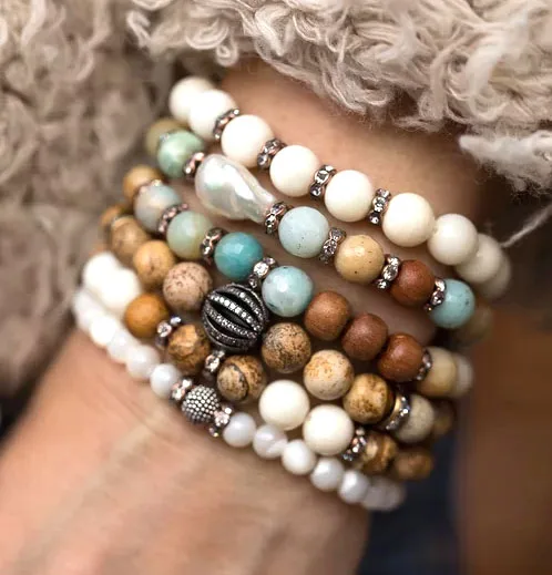 

New style mix natural stone wood beads freshwater pearl CZ diamond ball women elastic bracelet