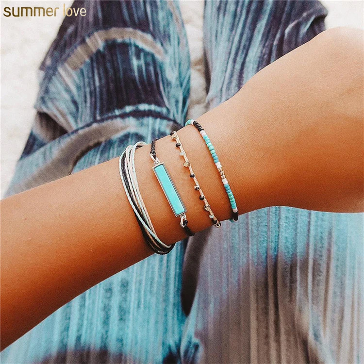 

Boho Handmade Layered Bohemia String Chain Adjustable Woven Wax Rope Beaded Friendship Bracelet sets, Silver