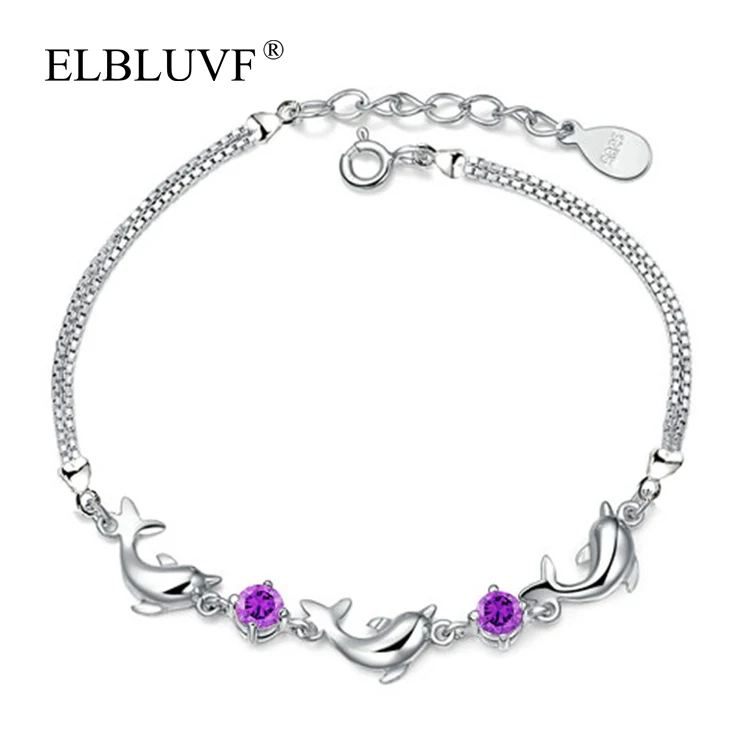 

ELBLUVF Chain Jewelry 925 Silver Women Zircon Copper Alloy Animal Dolphin Shape Bracelet, White gold