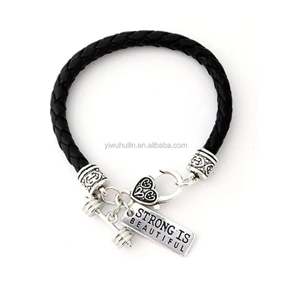

STRONG IS BEAUTIFUL Dumbbell Black Leather Braided Cross Fit Fitness Barbell Charm Bracelet, Antique silver