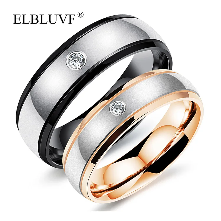 

ELBLUVF Free Shipping Stainless Steel Jewelry Fashion Simple Wedding Couple Zircon Rings, Rose gold , black