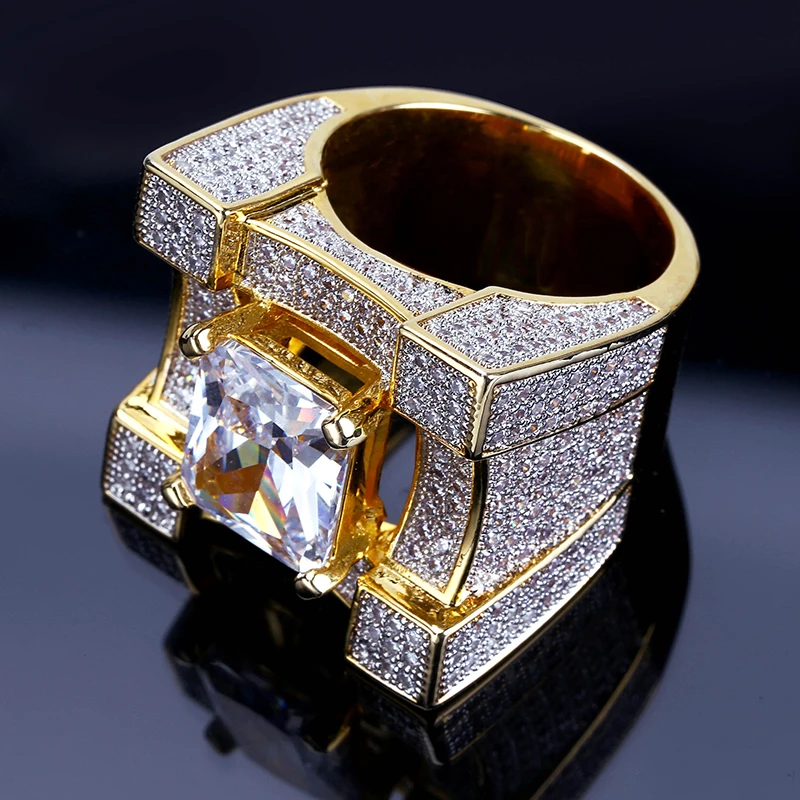 

Men Hip Hop Rings Micro Paved Iced Out AAA Zircon 3D Square Gold Color Plated Jewelry Rapper CZ Ring (SK161), As picture