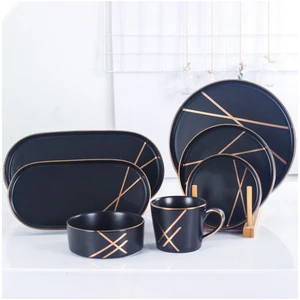 Image of Nordic black gold gilt salad fruit bowl cup plate series set household ceramic tableware