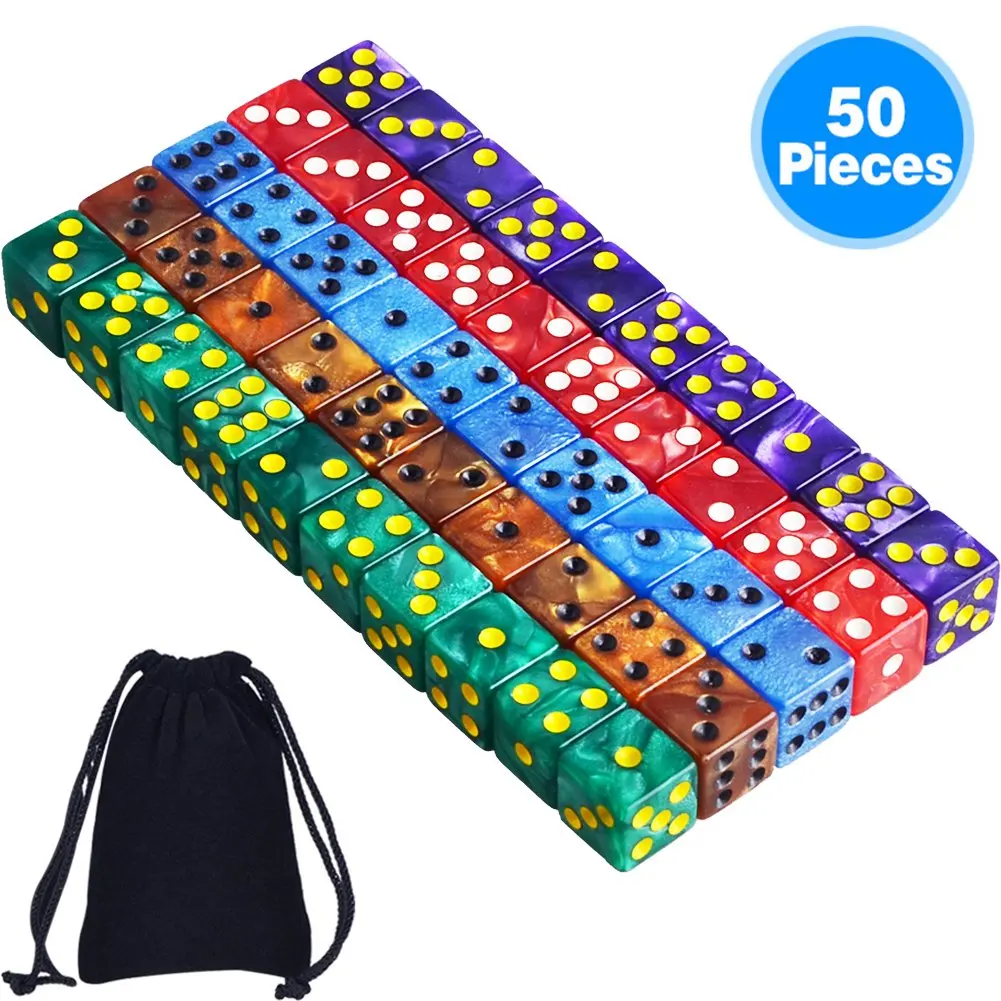 AUSTOR 50 Pieces 6- Sided Dice Set, 5 x 10 Pearl Colors Square Corner Dice with Free Velvet Pouches for Tenzi, Farkle, Yahtzee, Bunco or Teaching Math