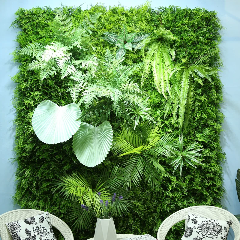 
China Factory Turtle Leaf Artificial Customized Boxwood Green Plant Wall Panel Fake Plant Wall with Small Flowers Hanging 