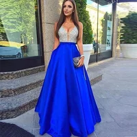 

2020 Hot Sale Sexy V-neck Sequin Dinner Prom Ball Dress Cheap Royal Blue Long Evening Dresses
