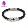 Fashion jewelry men and women braided leather cord with two stainless steel skull bracelet