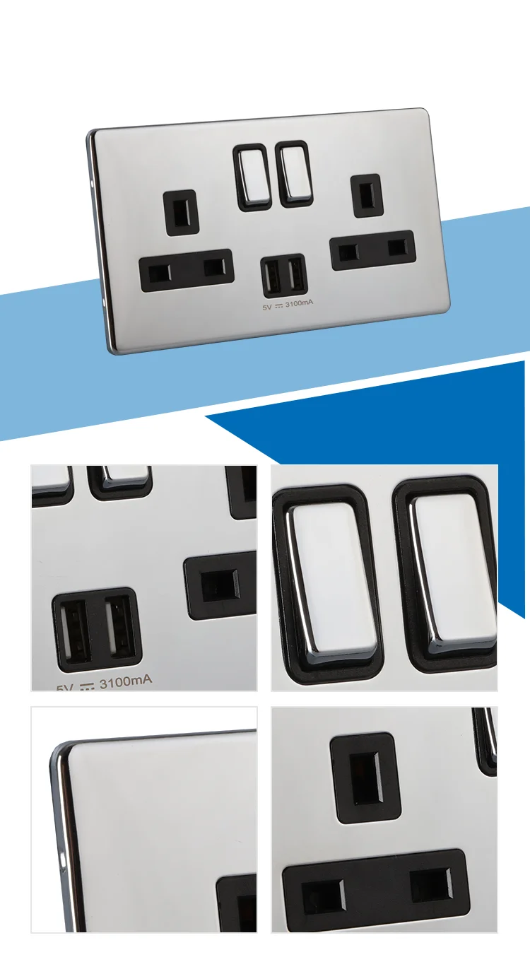 Hailar UK wall socket polished chrome 13A 2 gang switched power socket with USB port
