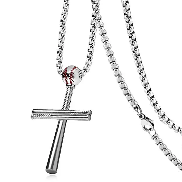 

Free Shipping Cross Necklace Baseball Bat Pendant Necklaces Stainless Steel Necklace for Men Women Sports Guys Christian Gifts, Gold silver black