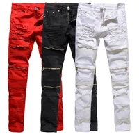 

YueGe Men's motorcycle punk style europea knee hole elastic zipper fashion denim pants good jeans