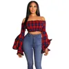 Chiffon Fabric Long Sleeve Sexy Off The Shoulder Grid Crop Top