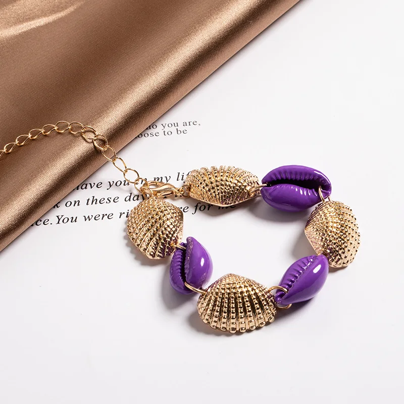 

purple green cowrie shell metal fan shell bracelet anklet wholesale beach ocean jewelry seashell cowrie creative personalized, As photo