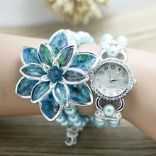 Novas Mulheres moda Rhinestone Relógios Senhoras pulseira de pérolas Muitas pétalas de flor pulseira de quartzo relógios de pulso das mulheres vestido relógios