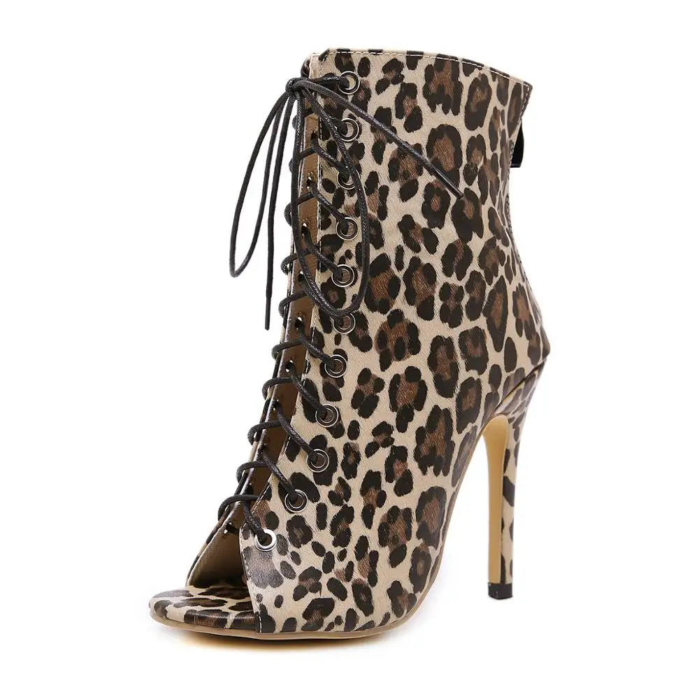 

latest fashion leopard Print design lace-up heel 12cm ladies stiletto high heels sandals for women