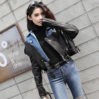 

High street style women cloths denim coat zip genuine leather moto biker bomber jacket motorcycle leather jaket woman