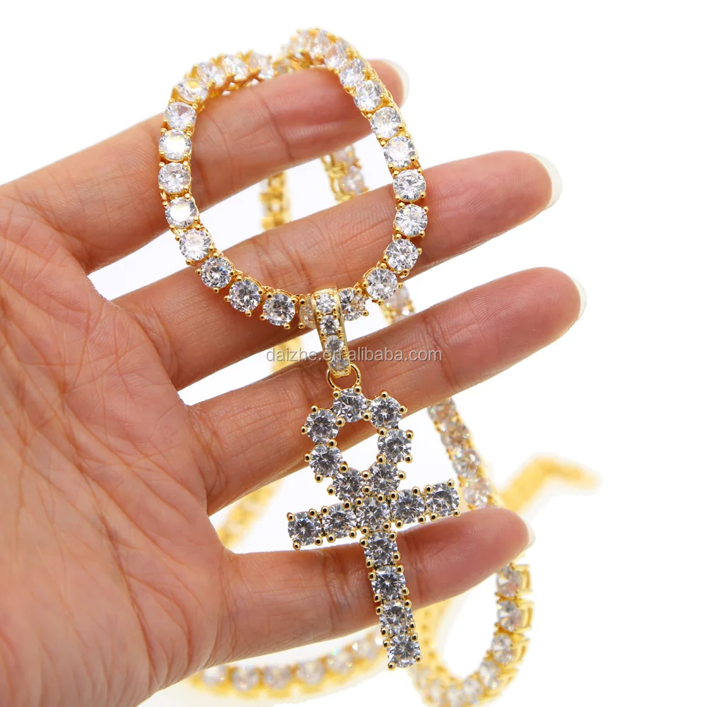 

top quality factory 5mm cz bling bling various sized men chain cz tennis diamond long chain hip hop men cross necklace, Black