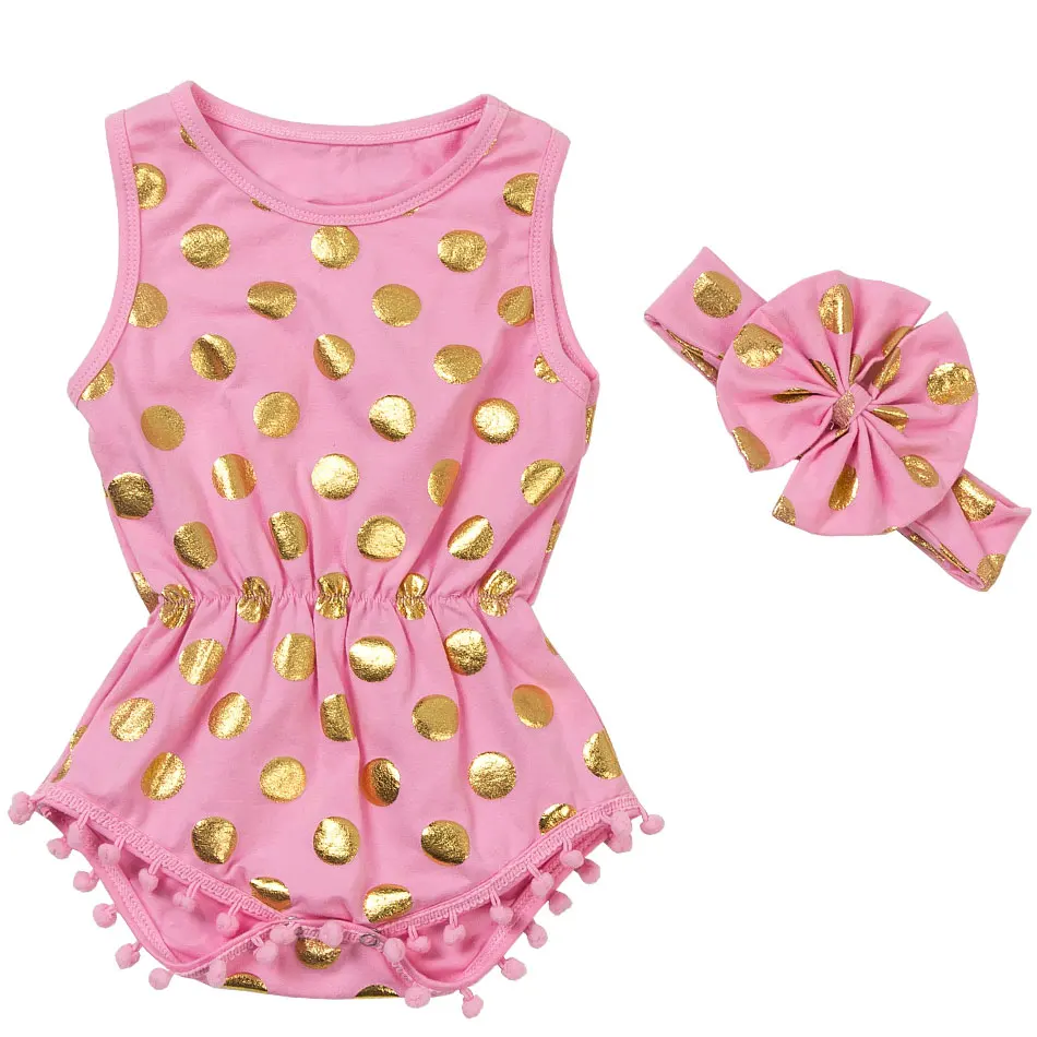 

Hot sale Gold Polka Dots Cute Cheap Baby Girl Summer Romper Matching With Headband, Picture shows