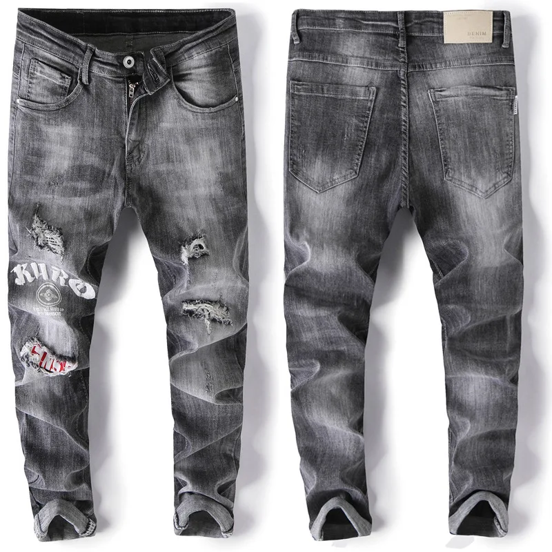 

2019 spring and summer men print slim stretch ripped jeans, Picture