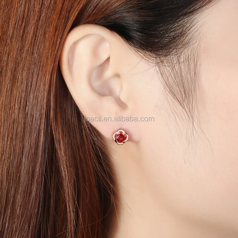 Joacii Unique Flower Design Rose Gold Earrings Jewelry Garnet S925 Silver Stud Earrings
