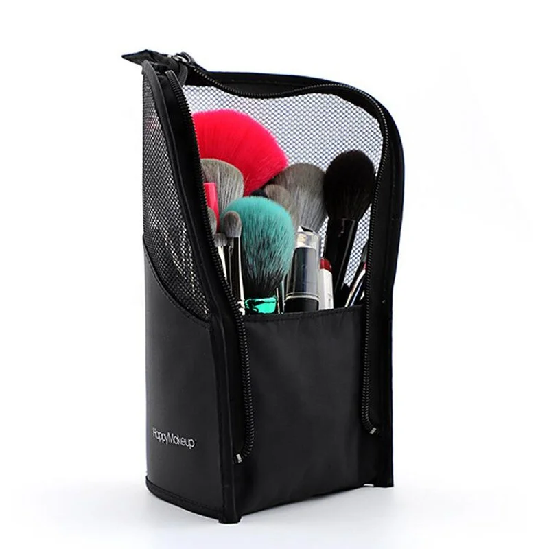 

Waterproof Dust-Free Standing Up Small Toiletry Stationery Bag Travel Makeup Brush Cup Holder Organizer Bag, Clear and black