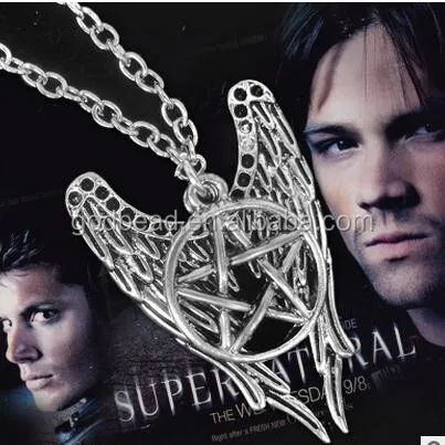 

Supernatural Castiel Angel Wings Pentagram Pendant Necklace Retro Chain