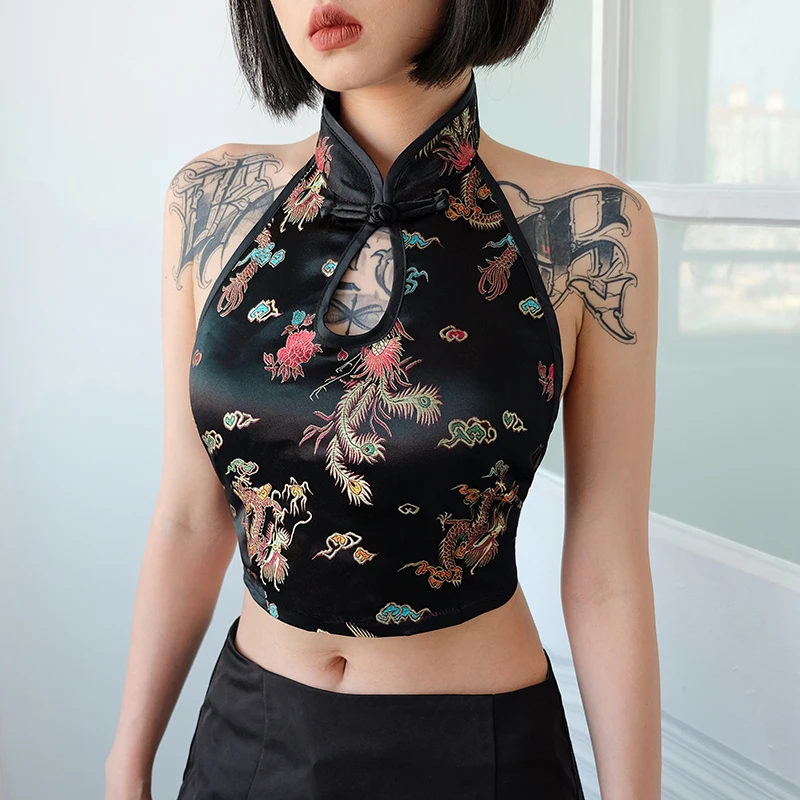 

Wholesale Chinese Style Chest Wrap Sexy Women Crane Tube Top Slim Fit CheongSam Vest For Woman, Black