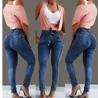 

2019 new arrival amazon hot sale ladies Slim stretch tassel belt skinny high waist women jeans