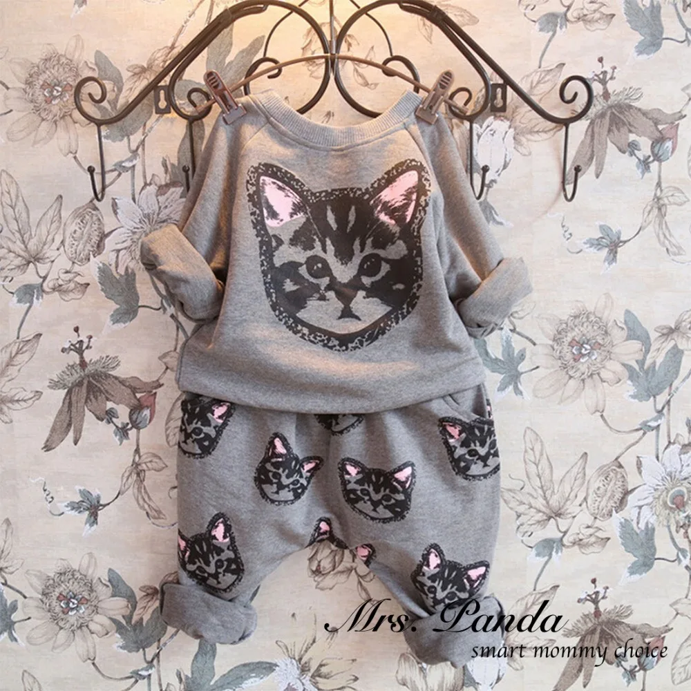 Retail 2016 Spring style Infant clothes Clothing sets Cotton Cute Cat 2pcs Full Sleeve Pants Baby